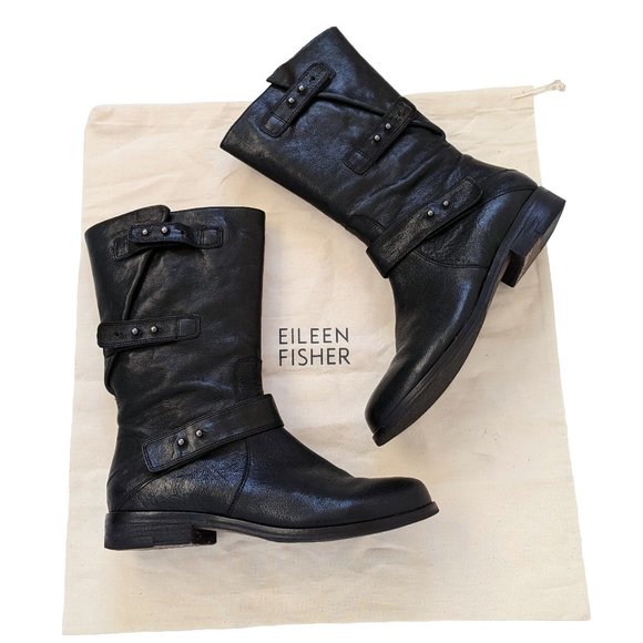 Eileen Fisher Shoes - Eileen Fisher Black Leather Moto Domingo Boots 6.5